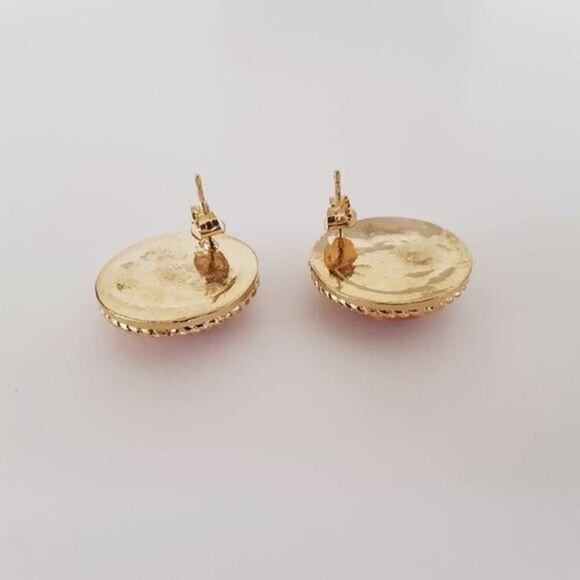 Earrings Button Stud Gold Tone Orange Vintage Look New in Package Clean smoke fr - Picture 4 of 8